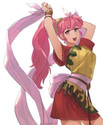 Rule 34 | 1girl, arms up, asagi (banzoku210), dancer, dancing, dress, fire emblem, fire emblem: mystery of the emblem, fire emblem: new mystery of the emblem, hair ribbon, highres, jewelry, long hair, nintendo, phina (fire emblem), pink eyes, pink hair, ponytail, ribbon, slit pupils, smile, solo