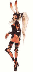 Rule 34 | 00s, 1girl, animal ears, ass, breasts, dark-skinned female, dark skin, detached sleeves, female focus, final fantasy, final fantasy xii, fran (ff12), full body, high heels, long hair, long legs, looking back, mugenai, ponytail, rabbit ears, red eyes, shoes, simple background, solo, thighhighs, viera, white background, white hair