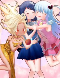 Rule 34 | 3girls, absurdres, apple, artist request, blue hair, blush, dress, evening gown, closed eyes, facial mark, food, fruit, hair ornament, highres, hug, jewelry, king of greed, knight of deapair, knight of despair, library of ruina, lobotomy corporation, magical girl, multicolored hair, multiple girls, project moon, queen of hatred, red eyes, sleeveless, sleeveless dress, white hair