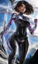 Rule 34 | 1girl, alita, battle angel alita, black bodysuit, black hair, blue sky, bodysuit, brown eyes, cloud, cloudy sky, covered navel, cowboy shot, from below, hand up, holding, holding sword, holding weapon, humanoid robot, izhardraws, outdoors, parted lips, robot, short hair, signature, sky, solo, sword, weapon