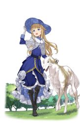 Rule 34 | 1girl, :d, adjusting clothes, adjusting headwear, belt, black footwear, blonde hair, blue dress, blue eyes, blue hat, boots, capelet, cross-laced footwear, dog, dog request, dress, flower, full body, gloves, grass, hand on headwear, hat, hat flower, highres, long hair, looking at viewer, official art, open mouth, outdoors, princess (princess principal), princess principal, princess principal game of mission, smile, solo, standing, transparent background, white gloves