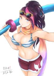 Rule 34 | 1girl, armpits, bare shoulders, bikini, bikini top only, blue eyes, blush, breasts, cleavage, covered erect nipples, eyewear on head, fiora (league of legends), highres, league of legends, looking at viewer, medium breasts, multicolored hair, navel, pink hair, ponytail, pool party fiora, purple hair, riot games, scarf, shorts, solo, streaked hair, swimsuit, sword, weapon