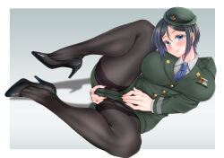 Rule 34 | 1girl, absurdres, black footwear, black hair, black pantyhose, blue eyes, blue necktie, blush, breasts, cameltoe, chouno ami, closed mouth, commentary, commission, covering privates, covering crotch, dress shirt, english commentary, female service cap, girls und panzer, green headwear, green jacket, green skirt, grey background, head tilt, high heels, highres, jacket, large breasts, leg up, legs, long sleeves, looking at viewer, lying, military, military uniform, miniskirt, mixed-language commentary, necktie, on side, outside border, pantyhose, pencil skirt, pixiv commission, shadow, shirt, short hair, siki2046, skirt, skirt tug, smile, solo, spread legs, swept bangs, thighband pantyhose, thighs, toe cleavage, uniform, white shirt, wing collar
