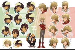 Rule 34 | 10s, 2boys, araimun, barnaby brooks jr., belt, blonde hair, blue eyes, blush, boots, brown eyes, brown hair, cabbie hat, character sheet, closed eyes, crossed arms, expressions, facial hair, glasses, gradient background, green eyes, hat, jacket, kaburagi t. kotetsu, male focus, multiple boys, necktie, red jacket, short hair, sitting, sparkle, stubble, studded belt, tiger &amp; bunny, vest, watch, white background, wristwatch