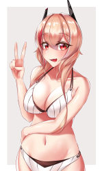 Rule 34 | 1girl, absurdres, airbo, bare shoulders, bikini, blonde hair, blush, breasts, cleavage, collarbone, fang, fang out, feet out of frame, girls&#039; frontline, hand on own hip, hand up, headphones, highres, long hair, looking at viewer, m4 sopmod ii (girls&#039; frontline), medium breasts, multicolored hair, navel, open mouth, red eyes, simple background, smile, solo, standing, striped bikini, striped clothes, swimsuit, v, white bikini