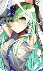 Rule 34 | 1girl, absurdres, armpits, blush, breasts, closed mouth, collared shirt, commentary, detached sleeves, frog hair ornament, gohei, green eyes, green hair, hair ornament, highres, kochiya sanae, long hair, looking at viewer, shirt, smile, snake hair ornament, solo, suzuno woto, touhou, upper body
