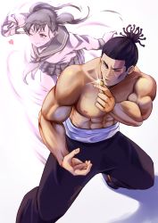 1boy, 1girl, abs, absurdres, bangs, biceps, black eyes, black hair, black pants, closed mouth, foot out of frame, hair pulled back, heart, highres, holding, holding jewelry, holding necklace, jewelry, jujutsu kaisen, long sleeves, looking away, muscular, muscular male, necklace, one eye closed, open mouth, painapo, pants, pectorals, sailor, sailor collar, scar, scar on face, shirtless, short hair, short ponytail, simple background, skirt, smile, sparkle, standing, takada-chan, toudou aoi (jujutsu kaisen), twintails, v, white background