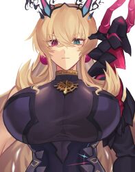 Rule 34 | 1girl, abs, absurdres, armor, bare shoulders, black dress, blonde hair, breasts, dress, earrings, barghest (fate), barghest (second ascension) (fate), fate/grand order, fate (series), gauntlets, green eyes, heterochromia, highres, horns, jewelry, large breasts, long hair, looking at viewer, mmn (user tmjt3227), necklace, pauldrons, red eyes, shoulder armor, single gauntlet, single pauldron, solo