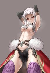 Rule 34 | 1girl, absurdres, armpits, arms behind head, arms up, bad id, bad pixiv id, blunt bangs, breasts, cameltoe, closed mouth, commentary request, detached sleeves, dot nose, fate/grand order, fate (series), from below, fur trim, grey background, highres, kairopoda, long hair, looking at viewer, medium breasts, penthesilea (fate), red eyes, sidelocks, simple background, smile, solo, sweat, thighhighs, underboob, white hair