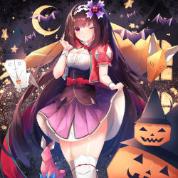 Rule 34 | 1girl, absurdres, bat (animal), black headwear, blush, bow, breasts, brown hair, center frills, cleavage, commentary typo, crescent, cropped jacket, fate/grand order, fate (series), frills, ghost, hair ornament, hairband, halloween, hand up, hat, highres, hood, hood down, hooded jacket, jack-o&#039;-lantern, jacket, long hair, medium breasts, one eye closed, osakabehime (fate), parted lips, pink jacket, pink skirt, pleated skirt, puffy short sleeves, puffy sleeves, red bow, red eyes, shirt, short sleeves, skirt, skirt hold, solo, star (symbol), suisen-21, thighhighs, underbust, very long hair, white hairband, white shirt, white thighhighs, witch hat