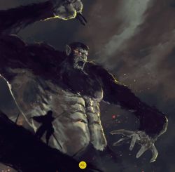 Rule 34 | 1boy, 1other, abs, beast titan, hand up, monkey, open mouth, pointy ears, red eyes, shimhaq, shingeki no kyojin, titan (shingeki no kyojin), upper body