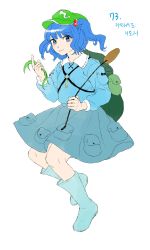 Rule 34 | 1girl, absurdres, backpack, bag, blue eyes, blue footwear, blue hair, blue shirt, blue skirt, boots, closed mouth, collared shirt, commentary request, derivative work, flat cap, frilled shirt collar, frills, full body, green bag, green hat, hair bobbles, hair ornament, happy, hat, highres, kappa, kawashiro nitori, key, korean commentary, kuya (hey36253625), long sleeves, medium hair, mountain of faith, pocket, rubber boots, shirt, short twintails, simple background, skirt, smile, solo, touhou, translation request, twintails, two side up, white background