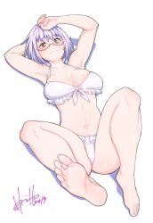 Rule 34 | 1girl, barefoot, bespectacled, bikini, breasts, commentary request, foot focus, foreshortening, frilled bikini, frills, front ponytail, full body, glasses, gridman universe, highres, hori shin, large breasts, light purple hair, looking at viewer, lying, pink-framed eyewear, red eyes, semi-rimless eyewear, shinjou akane, signature, simple background, smile, solo, split mouth, ssss.gridman, swimsuit, under-rim eyewear, white background, white bikini