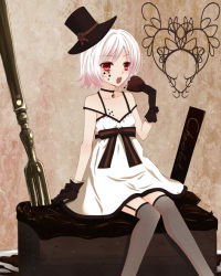 Rule 34 | 1girl, black gloves, brown theme, cake, candy, chocolate, chocolate heart, dress, fishnet thighhighs, fishnets, food, garter straps, gloves, hat, heart, kay (utd), looking at viewer, open mouth, original, red eyes, short hair, sitting, solo, thighhighs, valentine, white dress, white hair