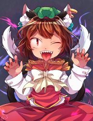 Rule 34 | 1girl, ;d, animal ears, blush, bow, bowtie, brown hair, cat ears, cat tail, chen, claw pose, earrings, fangs, fingernails, green hat, hat, highres, ibaraki natou, jewelry, long fingernails, long sleeves, looking at viewer, mob cap, multiple tails, nail polish, nekomata, one eye closed, open mouth, purple background, red eyes, red nails, red skirt, red vest, sharp teeth, shirt, short hair, signature, skirt, smile, solo, tail, teeth, tongue, tongue out, touhou, two tails, upper body, upper teeth only, v-shaped eyebrows, vest, white bow, white bowtie, white shirt
