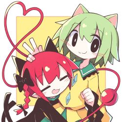 Rule 34 | 2girls, animal ears, asameshi, black bow, black dress, black eyes, blush stickers, bow, braid, bright pupils, cat ears, cat tail, closed eyes, commentary, dress, extra ears, green hair, green skirt, hair bow, hand on another&#039;s head, heart, heart of string, highres, hug, kaenbyou rin, kemonomimi mode, komeiji koishi, long hair, long sleeves, looking at viewer, multiple girls, multiple tails, no headwear, open mouth, pointy ears, red hair, shirt, short hair, skirt, smile, tail, third eye, touhou, twin braids, two tails, upper body, v, white pupils, wide sleeves, yellow background, yellow shirt