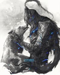Rule 34 | 1boy, armor, artorias the abysswalker, blue eyes, cape, commentary, covered face, dark souls (series), dark souls i, english commentary, gauntlets, great grey wolf sif, helmet, highres, pauldrons, plume, shimhaq, shoulder armor, spot color, wolf