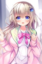 Rule 34 | 1girl, 9-nine-, :d, absurdres, blue eyes, blush, cardigan, colored eyelashes, commentary, eyes visible through hair, gear hair ornament, grey background, hair between eyes, hakugan, hands up, happy, highres, kujou miyako, light brown hair, long hair, looking at viewer, neck ribbon, open cardigan, open clothes, open mouth, pink cardigan, pink ribbon, ribbon, school uniform, shirt, sidelocks, simple background, sleeves past wrists, smile, solo, star (symbol), straight-on, tareme, upper body, very long hair, wavy hair, white shirt, wing hair ornament