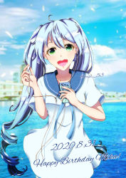 Rule 34 | 1girl, absurdly long hair, anniversary, aqua eyes, aqua hair, artist name, artist request, blue eyes, blue hair, blue neckwear, blue sailor collar, blue sky, blurry, blurry background, breasts, cellphone, cloud, day, drill hair, earphones, female focus, hatsune miku, headphones, highres, holding, holding cellphone, holding phone, long hair, ocean, outdoors, phone, sailor collar, saionji hiyoko, shirt, skirt, sky, small breasts, solo, trsr 53, twintails, very long hair, vocaloid, white shirt, white skirt