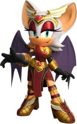 Rule 34 | 1girl, 3d, aqua eyes, bat girl, bat wings, breasts, cleavage, elbow gloves, eyeshadow, female focus, full body, furry, furry female, gloves, heart, large breasts, lipstick, looking at viewer, makeup, official alternate costume, official art, rouge the bat, solo, sonic (series), white hair, wings