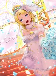 Rule 34 | 1girl, artist request, ayase eli, bare shoulders, blonde hair, blue eyes, blue flower, blue rose, blush, bouquet, breasts, bridal veil, bride, cleavage, collarbone, dress, earrings, elbow gloves, female focus, flower, frills, garter straps, gloves, hair between eyes, hair bobbles, hair flower, hair ornament, hair scrunchie, hayaoki (asagi-iro seishun-bu), high ponytail, highres, holding, holding bouquet, jewelry, long hair, looking at viewer, love live!, love live! school idol festival, love live! school idol project, medium breasts, parted lips, ponytail, ribbon, rose, scrunchie, short hair, skirt, solo, strapless, strapless dress, tiara, veil, wedding, wedding dress, white dress, white flower, white gloves, white legwear, white scrunchie, white skirt, yellow ribbon