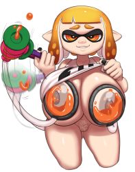 Rule 34 | 1girl, absurdres, bottomless, breasts, cleft of venus, completely nude, cowboy shot, domino mask, female focus, female pubic hair, greyimpaction, highres, huge breasts, inkling player character, lactation, large areolae, mask, matching hair/eyes, milk gun, mless, motion blur, motion lines, nail polish, naughty face, nintendo, nipples, nude, orange eyes, orange hair, pointy ears, pubic hair, pussy, smile, splatoon (series), splatoon 1, splatoon 2, standing, tentacle hair, thick thighs, thighs, uncensored, unusual lactation, white background