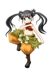 Rule 34 | 1girl, bare arms, bare shoulders, black footwear, black hair, blue eyes, blush, boots, braid, brown pants, chestnut mouth, commentary request, crop top, cross-laced footwear, etrian odyssey, full body, lace-up boots, long hair, looking at viewer, midriff, monk 2 (sekaiju), naga u, navel, pants, parted lips, puffy pants, red shirt, sekaiju no meikyuu, sekaiju no meikyuu 3, shirt, simple background, sleeveless, sleeveless shirt, solo, standing, standing on one leg, twintails, very long hair, white background