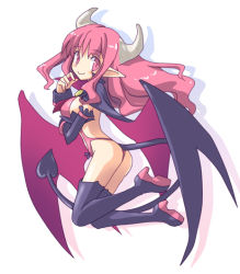 Rule 34 | 1girl, ass, bat wings, boots, demon girl, disgaea, drop shadow, full body, horns, karina, long hair, makai senki disgaea 3, official art, pink eyes, pink hair, pointy ears, simple background, smile, solo, succubus (disgaea), tail, thigh boots, thighhighs, white background, wings
