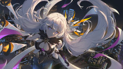Rule 34 | 1girl, asymmetrical gloves, black footwear, black gloves, blue eyes, boots, breasts, building, city, city lights, cleavage, closed mouth, gloves, hair ornament, highres, honkai (series), honkai impact 3rd, kiana kaslana, kiana kaslana (herrscher of the void), long hair, looking at viewer, mismatched gloves, night, night sky, outdoors, polearm, single wing, sky, smile, solo, spear, taichi (yirkorn), thigh boots, thighhighs, weapon, white gloves, white hair, wings