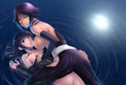 Rule 34 | 2girls, back, bare back, bare shoulders, black pants, bleach, blue eyes, blunt bangs, blush, bottomless, breasts, collarbone, dark-skinned female, dark skin, detached sleeves, from behind, fundoshi, girl on top, gradient background, groin, halterneck, hand on another&#039;s hip, hanging breasts, japanese clothes, large breasts, light smile, long hair, long sleeves, looking at viewer, looking back, lying, moonlight, multiple girls, no bra, off shoulder, on back, out-of-frame censoring, pants, parted bangs, parted lips, partially submerged, purple hair, ripples, sash, shihouin yoruichi, shizuhime, short hair, sidelocks, sleeves past wrists, sparkle, straddling, sui-feng, sweat, undressing, water, wet, wet clothes, yellow eyes, yuri