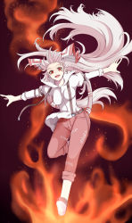 Rule 34 | 1girl, :d, belt, black background, bouncing breasts, bow, breasts, denim, female focus, fiery background, fire, fire, fujiwara no mokou, ginko (nico), hair bow, hair ribbon, highres, hip focus, impossible clothes, impossible shirt, jeans, jumping, large bow, long hair, looking at viewer, medium breasts, night, open mouth, outstretched arms, pants, red eyes, ribbon, shirt, shoes, sleeves rolled up, smile, solo, suspenders, touhou, unaligned breasts, very long hair, white hair, wide hips