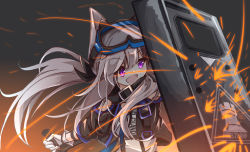 Rule 34 | 1girl, :d, absurdres, animal ears, arknights, ballistic shield, bare shoulders, belt, belt buckle, black belt, black jacket, blush, brown hair, buckle, cardigan (arknights), clothing cutout, commentary request, goggles, goggles on head, hair between eyes, highres, holding, jacket, long hair, looking away, matsuo (matuonoie), open mouth, purple eyes, riot shield, safety glasses, shield, shirt, shoulder cutout, sidelocks, smile, solo, sparks, twintails, white shirt