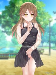 Rule 34 | 1girl, absurdres, arashio (kancolle), bench, blurry, blurry background, blush, breasts, brown eyes, brown hair, closed mouth, clothes lift, collared shirt, cowboy shot, dangan kurabu, dress, dress lift, finger to mouth, frilled dress, frills, hair between eyes, highres, kantai collection, lifting own clothes, long hair, long sleeves, looking at viewer, outdoors, panties, park bench, pinafore dress, pink panties, shirt, sleeveless, sleeveless dress, small breasts, smile, solo, striped clothes, striped panties, tree, twitter username, underwear, water, white shirt
