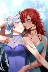 Rule 34 | 2girls, ahoge, bare shoulders, blue background, blue dress, blue eyes, blush, breasts, choker, cleavage, collarbone, commentary, covered navel, dark-skinned female, dark skin, dress, earrings, fern (bhbtr), green dress, grey eyes, grey hair, gundam, gundam suisei no majo, hair down, height difference, highres, holding another&#039;s wrist, jewelry, large breasts, light particles, long hair, looking at another, medium breasts, miorine rembran, multiple girls, necklace, parted lips, red hair, smile, sparkle, sparkle background, suletta mercury, thick eyebrows, yuri