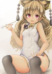 Rule 34 | 1girl, puff of air, animal ears, black thighhighs, blonde hair, blush stickers, breasts, chikado, china dress, chinese clothes, dress, fox ears, junko (touhou), lap pillow invitation, long hair, mimikaki, over-kneehighs, red eyes, simple background, sitting, sleeveless, sleeveless dress, small breasts, solo, tassel, thighhighs, touhou, white dress