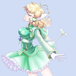 Rule 34 | 1girl, blonde hair, blue background, breasts, closed mouth, corrector yui, curly hair, closed eyes, frills, gloves, impossible clothes, k0n0n, kasuga yui, large breasts, long sleeves, medium hair, pantyhose, profile, simple background, skirt, solo, staff, white gloves, white pantyhose