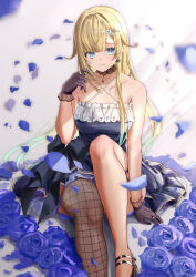 Rule 34 | 1girl, absurdres, aizawa ema, aizawa ema (1st costume), aqua hair, bare shoulders, black choker, black footwear, black gloves, blonde hair, blue dress, blue eyes, blue flower, blue rose, choker, collarbone, criss-cross halter, dress, earrings, fishnet thighhighs, fishnets, flower, frilled dress, frills, gloves, hair flower, hair ornament, hairclip, halterneck, highres, jewelry, k/o (user thvt7788), lace-trimmed choker, lace trim, light rays, long hair, looking at viewer, mary janes, multicolored hair, petals, playing with own hair, pleated dress, rose, shoes, sidelocks, simple background, single bare leg, sitting, sleeveless, sleeveless dress, smile, sunbeam, sunlight, thigh strap, thighhighs, two-tone hair, virtual youtuber, vspo!