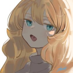 Rule 34 | 1girl, backlighting, big hair, blonde hair, blue eyes, grey sweater, highres, jitome, looking at viewer, open mouth, original, portrait, ryusei hashida, signature, simple background, solo, sweater, white background