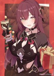Rule 34 | 1girl, :d, black dress, black gloves, border, box, breasts, brown eyes, brown hair, chalice, cleavage, commentary request, couch, cup, dress, eden (honkai impact), gift, gift box, gloves, hair between eyes, half gloves, highres, holding, holding cup, holding gift, honkai (series), honkai impact 3rd, kenjirohayamiti, large breasts, long hair, looking at viewer, open mouth, red border, smile, solo, twitter username, very long hair