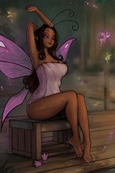 Rule 34 | 4girls, absurdres, antennae, armpits, arms up, breasts, brown hair, cleavage, closed mouth, commentary, crown, unworn crown, dark-skinned female, dark skin, english commentary, fairy, fairy wings, full body, highres, long hair, matilda fiship, mini person, minigirl, multiple girls, nail polish, naked towel, one eye closed, original, pink wings, pointy ears, purple eyes, sitting, solo focus, stretching, toenail polish, toenails, towel, water drop, wet, wings, wooden floor