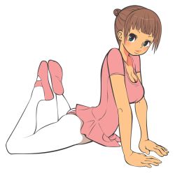 Rule 34 | 1girl, arched back, ass, bad id, bad pixiv id, ballerina, ballet slippers, blue eyes, breasts, brown hair, cleavage, hair bun, hghgjhg, large breasts, looking at viewer, mago, original, pantyhose, pink footwear, shoes, solo, tan, white pantyhose