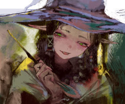 Rule 34 | 1girl, amo (silent bomb19), brown hair, green eyes, hair tubes, hat, head tilt, holding, looking at viewer, original, parted lips, pointy ears, short hair, sketch, smile, solo, upper body, wand, witch, witch hat
