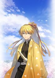 Rule 34 | 1boy, agatsuma zenitsu, aged up, alternate hair length, alternate hairstyle, belt, blonde hair, blunt bangs, blunt ends, cherry blossoms, commentary request, day, hair ornament, hair ribbon, haori, happy, highres, japanese clothes, katana, kimetsu no yaiba, long hair, looking at viewer, male focus, ponytail, ribbon, sheath, sky, smile, solo, standing, sword, sword hilt, triangle print, uniform, weapon, wide sleeves, yama (y yyyama), yellow eyes
