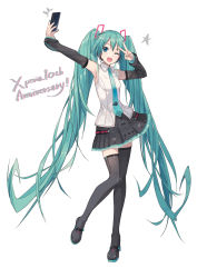 Rule 34 | 1girl, ;d, anniversary, aqua eyes, aqua hair, aqua necktie, arms up, black sleeves, boots, breasts, cellphone, collared shirt, detached sleeves, full body, hatsune miku, hatsune miku (vocaloid4), highres, holding, holding phone, ixima, leg up, long hair, long sleeves, looking at viewer, miniskirt, necktie, one eye closed, open mouth, outstretched arm, phone, pleated skirt, shirt, skirt, small breasts, smartphone, smile, solo, standing, standing on one leg, thigh boots, thighhighs, twintails, v over eye, very long hair, vocaloid, white shirt, xperia, zettai ryouiki