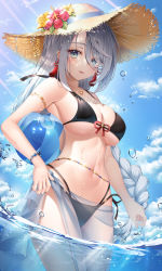 Rule 34 | 1girl, alternate costume, armlet, armpits, ball, bare arms, bare shoulders, beachball, bikini, black bikini, blue eyes, bracelet, braid, breasts, brown hat, cowboy shot, day, earrings, flower, front-tie bikini top, front-tie top, genshin impact, hat, hat flower, hibiscus, highres, jewelry, large breasts, long hair, looking at viewer, multi-strapped bikini, navel, outdoors, parted lips, sarong, shenhe (genshin impact), side-tie bikini bottom, single braid, smile, solo, ssong2, standing, stomach, straw hat, string bikini, sun hat, swimsuit, tassel, very long hair, wading, water, wet, white hair