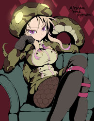 Rule 34 | &gt;:), 1girl, absurdres, african rock python (kemono friends), arm rest, black footwear, blood, boots, brown pantyhose, character name, closed mouth, couch, crossed legs, drawstring, elbow rest, gloves, glowing, glowing clothes, green skirt, hand on own cheek, hand on own face, head rest, high contrast, highres, hood, hood up, hooded jacket, jacket, kemono friends, knee boots, long hair, long sleeves, looking at viewer, microskirt, multicolored hair, on couch, pantyhose, plaid, plaid skirt, purple eyes, purple hair, shimosazami, sitting, skirt, smile, snake tail, solo, tail, tsurime, two-tone hair, v-shaped eyebrows, zipper