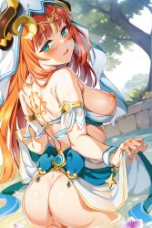 Rule 34 | 1girl, absurdres, armlet, ass, back, back tattoo, blue skirt, blush, breasts, breasts out, censored, fake horns, flower tattoo, genshin impact, green eyes, hair ornament, harem outfit, highres, horns, large breasts, long hair, looking at viewer, looking back, miazi, nilou (genshin impact), nipples, paid reward available, parted lips, pussy, red hair, sash, sidelocks, skirt, solo, tattoo, tree, veil, vision (genshin impact), wading, water, wet, wrist cuffs