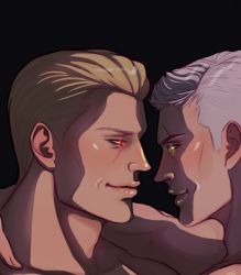 Rule 34 | albert wesker, black background, blonde hair, daggerarcadia, highres, looking at another, red eyes, resident evil, smile, white hair, yellow eyes