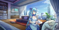 Rule 34 | 1boy, 1girl, aqua eyes, aqua hair, bow, building, chinese commentary, commentary request, cup, dress, closed eyes, hair between eyes, hair bow, hatsune miku, highres, holding, indoors, long hair, long image, looking away, mug, plant, potted plant, sky, skyscraper, smile, standing, tattoo, television, tray, twintails, vocaloid, wide image, window, wr (929481795), wrist cuffs