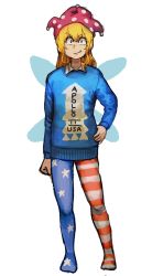 Rule 34 | 1girl, american flag legwear, blonde hair, blue sweater, chanta (ayatakaoisii), closed mouth, clownpiece, contrapposto, fairy wings, full body, hand on own hip, highres, long hair, long sleeves, looking at viewer, no shoes, pantyhose, red eyes, sanpaku, simple background, smile, solo, sweater, the shining, touhou, white background, wings